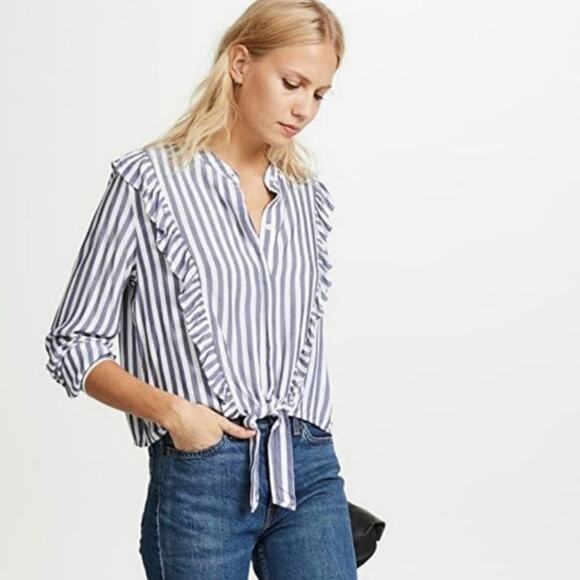 Rails Stripe Ruffle Tie Waist Long Sleeve Blue White Button Down Shirt Size M - Picture 12 of 16